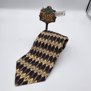 XMI Mens Silk Necktie Black Gold Geometric Diamond Hand Made USA 4 Inch Width